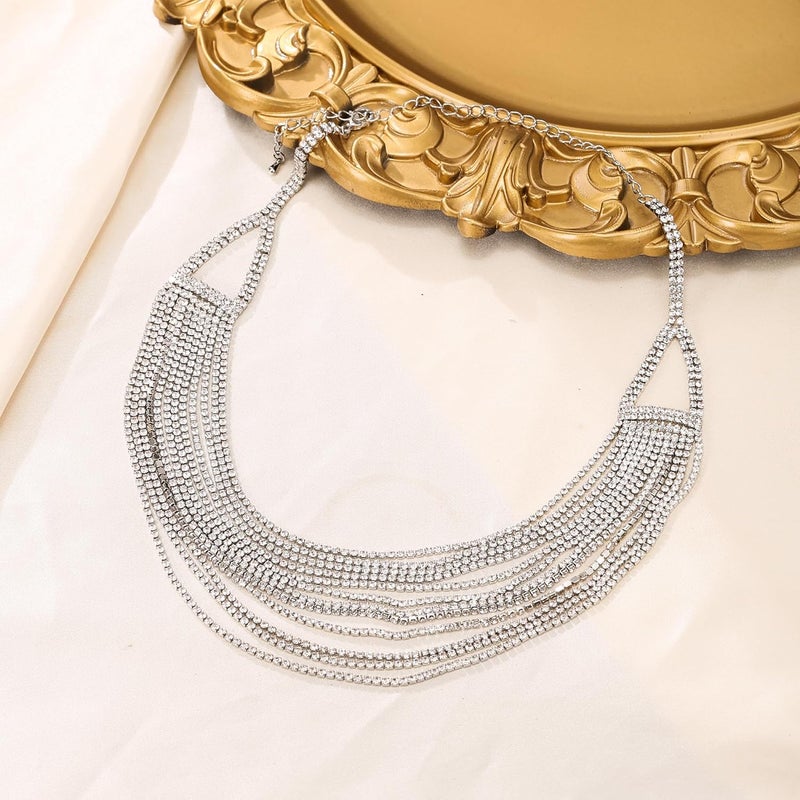 Flyonce Multi Layered Choker Collar Necklace, Glitter Rhinestone Crystal Tassel Multi-Strand Fringe Chains Bib Statement Necklace Prom Jewelry for Women - Image 4